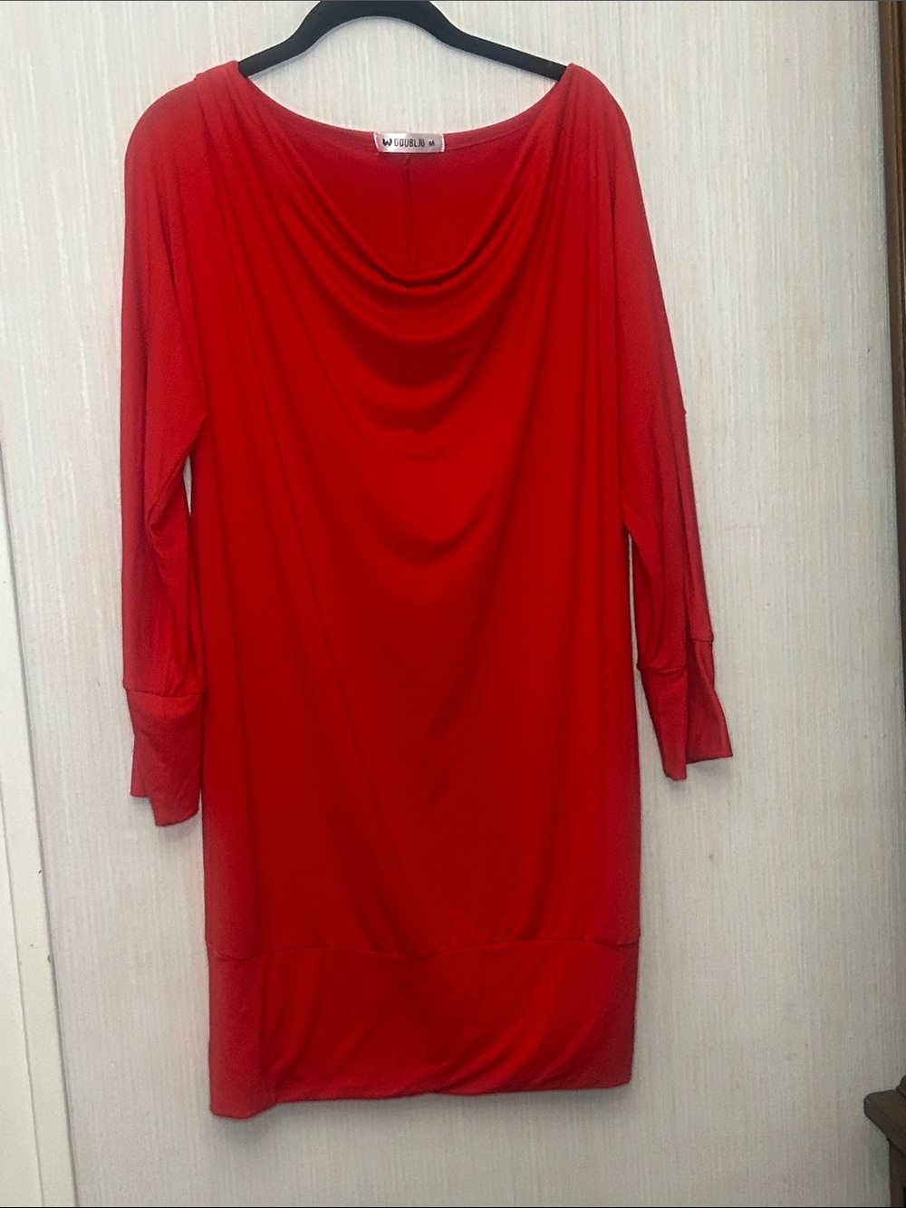 Red Draped Neck Long-Sleeve Tunic Mini Dress Medium Doublju